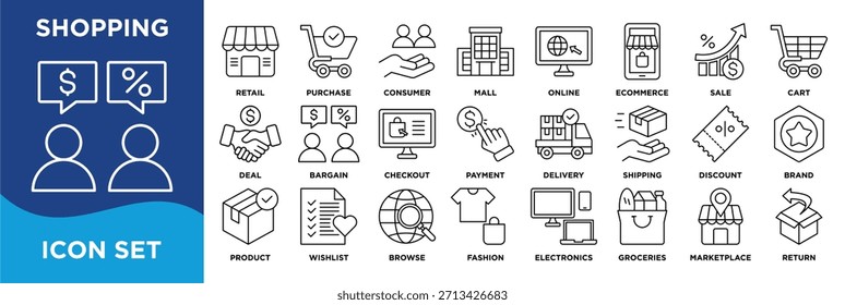 Un conjunto limpio de íconos de compras que incluye comercio minorista, comercio electrónico, Completar compra, pago, entrega, descuentos, productos, moda, tiendas de comestibles y mercado. Vector de línea fácil de editar