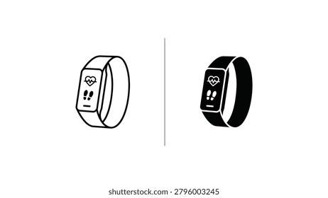 A clean, side-by-side comparison of two minimalist smartwatch designs, one with a light band and the other with a dark band, both showing health tracking icons like heart and steps.