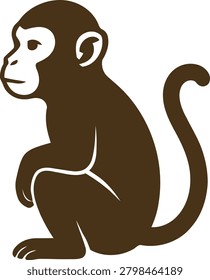 A clean, side-profile monkey silhouette in rich brown, shown seated with an alert, observant posture. The design uses solid shapes with negative space for the face and inner ear