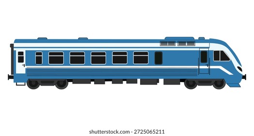 Um vetor de visão lateral limpo ilustração de um moderno trem de passageiros azul e branco. Este gráfico plano representa transporte ferroviário público, deslocamento urbano e tecnologia de viagens eficiente.