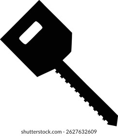 The clean silhouette of a basic house key is rendered in stark black, standing out against the plain white background. The key has an intricate serrated edge.