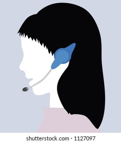 Clean silhouette of a girl smiling as she speaks on a headset. Easily change her hair and skin color.  Usable as an icon.