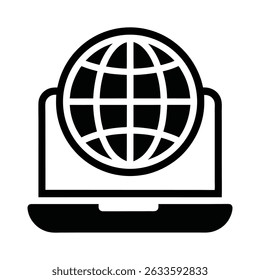 A clean silhouette icon depicting a globe sitting on a laptop. This white graphic, isolated on a white background, is perfect for website design, app interfaces, or presentations. .