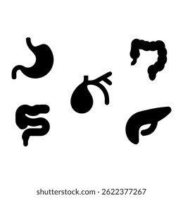 Uma silhueta limpa dos principais órgãos do sistema digestivo humano no estilo de silhueta preta. Este conjunto de vetores educacionais e científicos inclui o estômago, intestinos, pâncreas, vesícula biliar e cólon.