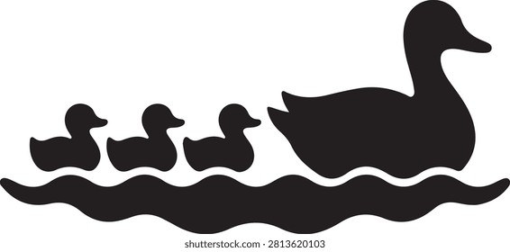 Clean silhouette of a maternal duck leading her young in a calm aquatic environment symbolizing family and unity. Ideal for nature themes.