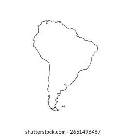 Um esboço de silhueta limpa do mapa do continente da América do Sul mostra sua forma distinta. Esta representação destaca as características geográficas e as fronteiras regionais.