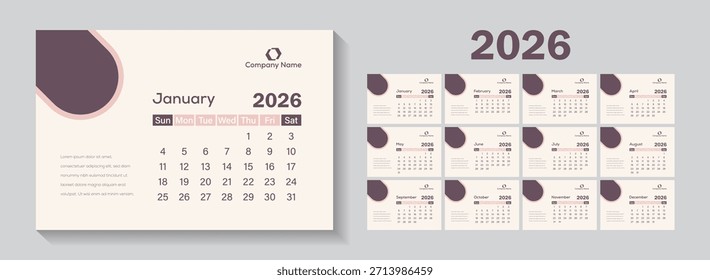 Diseño de calendario 2026 limpio y sencillo. La semana comienza el domingo. Calendario de 12 meses en colección de arte de Clip de diseño mínimo.