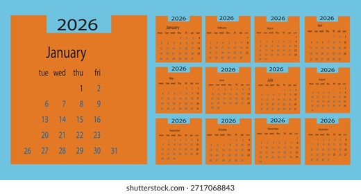 Clean and simple 2026 calendar design. 2026 monthly calendar template for company. Daily planner calendar template.