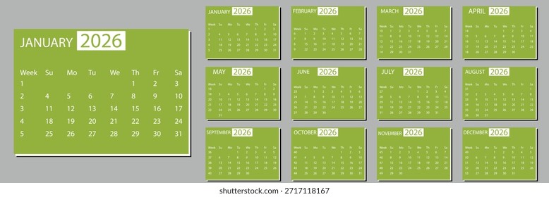 Clean and simple 2026 calendar design. 2026 monthly calendar template for company Daily planner calendar template year 2026 annual calendar simple clean business design Use for New year business print