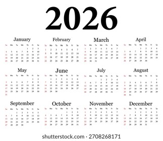 Diseño de calendario 2026 limpio y sencillo con meses y fechas. Diseño del calendario anual de 2026