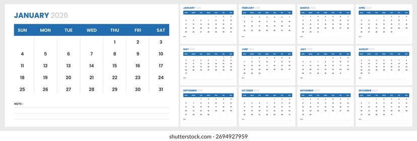 Plantilla de calendario 2026 limpia y sencilla para la empresa. Diseño del calendario de escritorio 2026. Plantilla mensual de 2026.