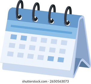 A clean and simple 2D icon depicting a light blue desk calendar with a spiral binding, showing a generic month layout. Perfect for illustrating concepts related to scheduling, planning, appointments.