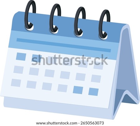 A clean and simple 2D icon depicting a light blue desk calendar with a spiral binding, showing a generic month layout. Perfect for illustrating concepts related to scheduling, planning, appointments.