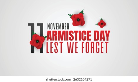 Design limpo e simples do Dia do Armistício em fundo branco com tipografia vermelha impressionante e sotaques de papoula, ideal para banners ou mídias sociais