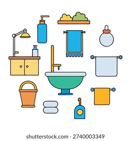 Clean, simple bathroom icons set featuring toilet, sink, shower, bathtub, towel, and soap symbols. Perfect for signage, apps, maps, and design projects needing clear hygiene and sanitation visuals.
