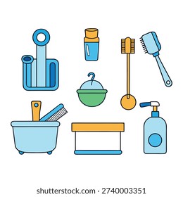 Clean, simple bathroom icons set featuring toilet, sink, shower, bathtub, towel, and soap symbols. Perfect for signage, apps, maps, and design projects needing clear hygiene and sanitation visuals.
