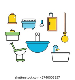 Clean, simple bathroom icons set featuring toilet, sink, shower, bathtub, towel, and soap symbols. Perfect for signage, apps, maps, and design projects needing clear hygiene and sanitation visuals.
