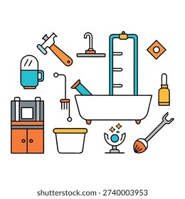 Clean, simple bathroom icons set featuring toilet, sink, shower, bathtub, towel, and soap symbols. Perfect for signage, apps, maps, and design projects needing clear hygiene and sanitation visuals.

