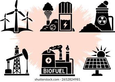 Clean and simple bio fuel industry icons, thin line art, minimalist style, black editable icons. Different Power generation and sources icons. EPS 10