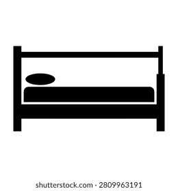 A clean and simple black bed icon representing hotel accommodation, sleeping quarters, or rest areas. Ideal for navigation signs, mobile apps, and web interfaces.