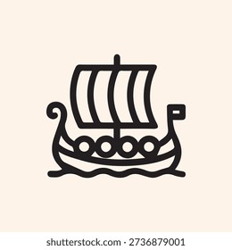 A clean and simple black line art icon of a Viking longship. This minimalist graphic shows a Norse drakkar boat with a sail on stylized waves.