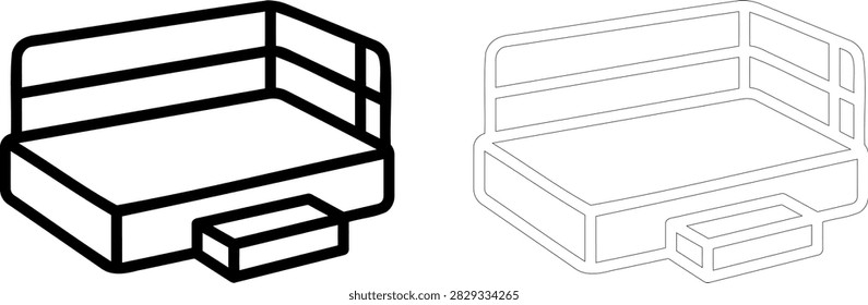 A clean and simple black line art icon representing a small pet bed featuring a protective fence railing and a small front step, perfect for pet store branding.