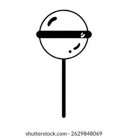 A clean and simple black line drawing of a classic lollipop with a horizontal band detail and shiny highlights. This vector  style candy icon is ideal for sweet-themed designs, children’s contents.