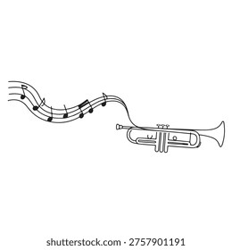 Clean and simple black line drawing of a trumpet on a white background, ideal for minimalist interior decor prints or musical education materials.
