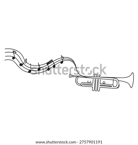 Clean and simple black line drawing of a trumpet on a white background, ideal for minimalist interior decor prints or musical education materials.

