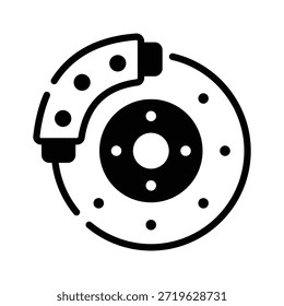 Um ícone de linha preta simples e limpo de um disco de freio de carro e caliper.