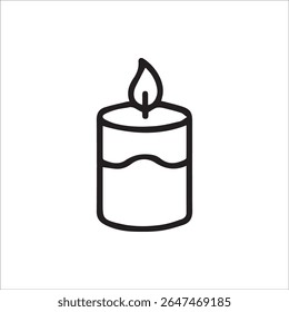 Um ícone de contorno preto limpo e simples de uma vela em chamas, simbolizando luz, calor, esperança e paz. Ideal para vários fins de design, mídia digital e temas espirituais ou decorativos.