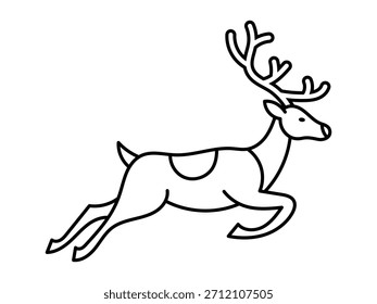 A clean, simple black outline icon of a prancing reindeer, perfect for holiday greeting cards, festive decorations, logos, and seasonal design needs.