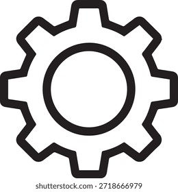 Un ícono de contorno negro limpio y simple de una rueda dentada o engranaje, que representa Configuraciones, mecánicas o tecnología. Aislado en un fondo blanco.