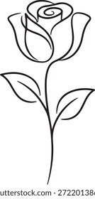 Ilustración de contorno negro limpio y simple de una sola rosa, con una elegante flor, tallo y dos hojas.
