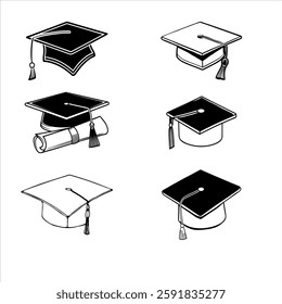  A clean and simple black silhouette of a graduation hat (mortarboard) set against a white background. Perfect for educational themes, graduation announcements, academic achievements, 