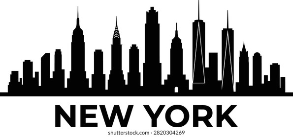 A clean and simple black silhouette illustration of the New York City skyline featuring iconic skyscrapers set against a plain white background with the city name written below.
