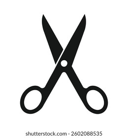 A clean, simple, black silhouette of a pair of scissors against a white background.