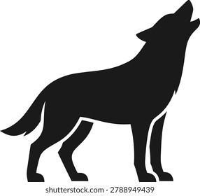 A clean and simple black vector silhouette of a wolf standing and howling. The animal is depicted in profile with its head tilted back towards the sky.