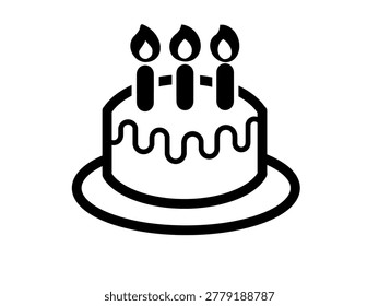 A clean and simple black and white icon representing a birthday cake on a plate, topped with three lit candles