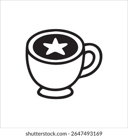 A clean and simple black and white line art icon depicting a stylized mug or cup with a prominent star design inside, ideal for showcasing premium drinks or favorite beverages.