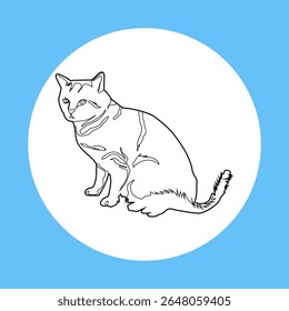 Uma ilustração de arte de linha branca e preta limpa e simples de um gato sentado à mesa. Este desenho minimalista captura as listras características e postura de alerta de um felino doméstico