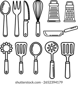 Uma ilustração de arte de linha branca e preta limpa e simples com uma variedade de utensílios e ferramentas de cozinha essenciais. Este conjunto inclui colheres, garfos, facas, um batedor, raladores, uma frigideira, 