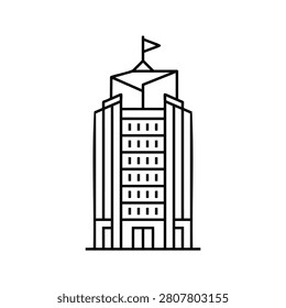 A clean and simple black and white line art illustration representing a tall corporate office building featuring a small flag on top. This minimalist icon design is perfect for business, real estate, or urban development concepts.