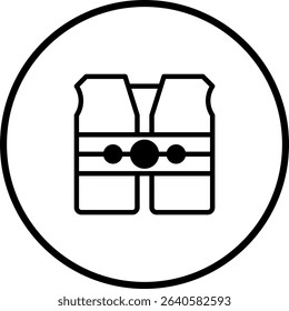 A clean and simple black and white vector image featuring a life vest symbol enclosed within a circle, representing safety and protection in aquatic environments.