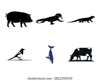 A clean and simple black and white vector illustration featuring five different animals in silhouette form, each captured in a walking pose. The animals include a pig, a monitor lizard, a small lizard or skink, a bird, and a cow. Perfect for educational materials, posters, or any project requiring minimalist animal graphics.