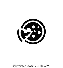 A clean and simple black-and-white icon of a pizza with one slice being removed. This minimalist vector illustration is ideal for use in fast food branding, pizzeria menus, food delivery apps, or digi