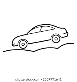 A clean and simple black-and-white line drawing of a car driving up a hill. Ideal for automotive designs, concepts, educational materials, or graphic projects.