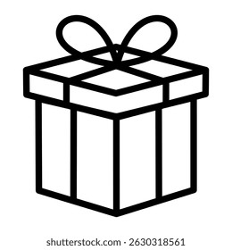 Clean and simple black-and-white vector icon of a gift box with a ribbon and bow. Perfect for holiday themes, celebrations, ecommerce, rewards, or digital greetings.