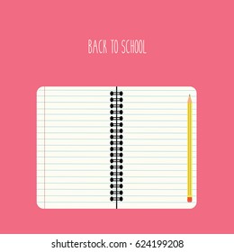 clean simple blank & empty spiral notebook vector isolated on flat design style pink background with a pencil icon & text - back to school & space illustration