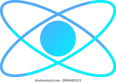 A clean and simple blue graphic depicting an atom or planetary system with a central circle and elliptical orbit lines